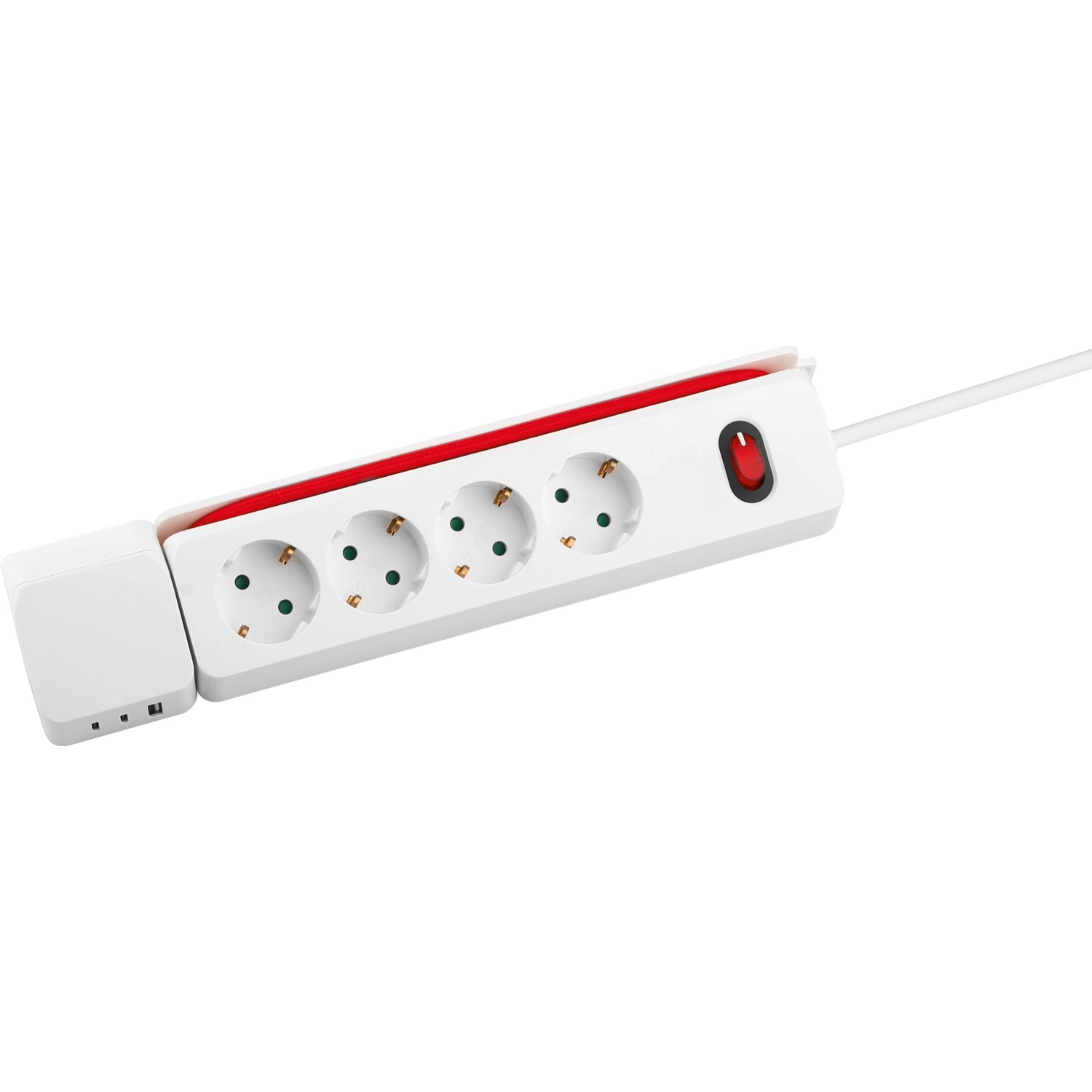 Weiße 4-fach Steckdosenleiste mit USB-A und USB-C Anschlüssen, 1,4 m Kabel und Schalter.