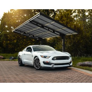 Schwarzer Palram Canopia Carport Sydney Wave mit Auto. Moderner Unterstand für Fahrzeuge.