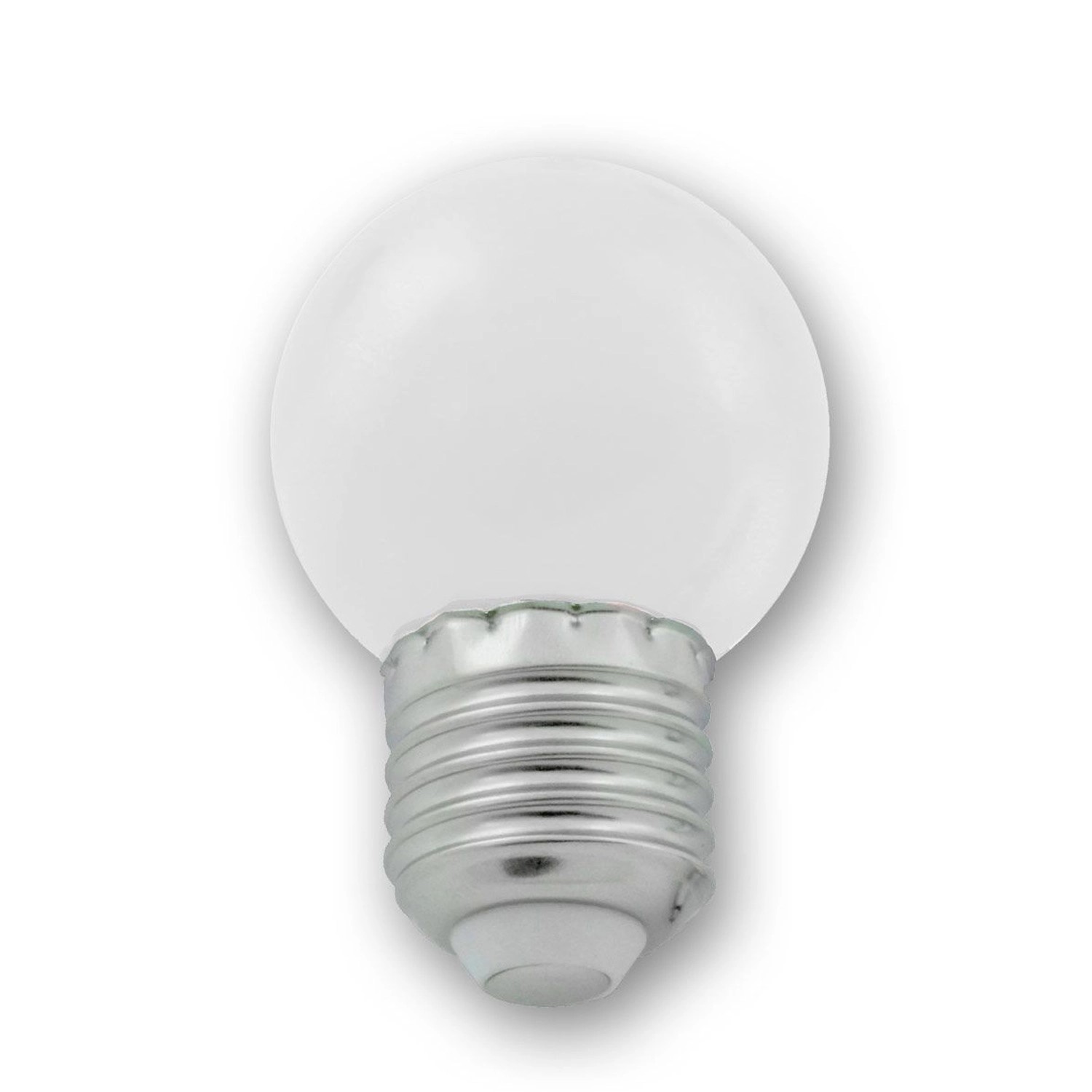 Kaltweiße LED Kugellampe E27 für Satisfire Partylichterkette, Detailaufnahme.