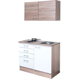 Flex-Well Miniküche Florida, 100 cm, Weiß/Eiche Sonoma, mit Kochfeld und Spüle.