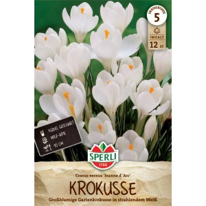 Sperli Gartenkrokus Jeanne d'Arc, weiße Krokusse auf der Verpackung.