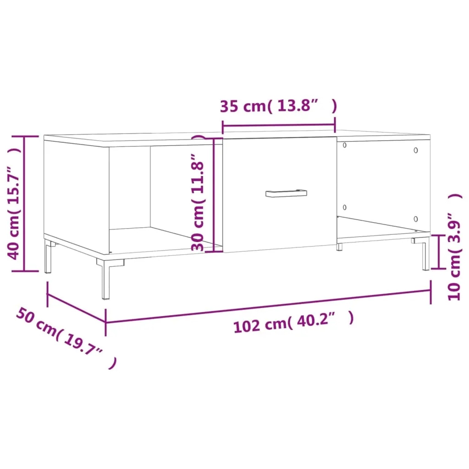 vidaXL Couchtisch Sonoma-Eiche, 102x50x40 cm, Holzwerkstoff mit Fächern und Tür.