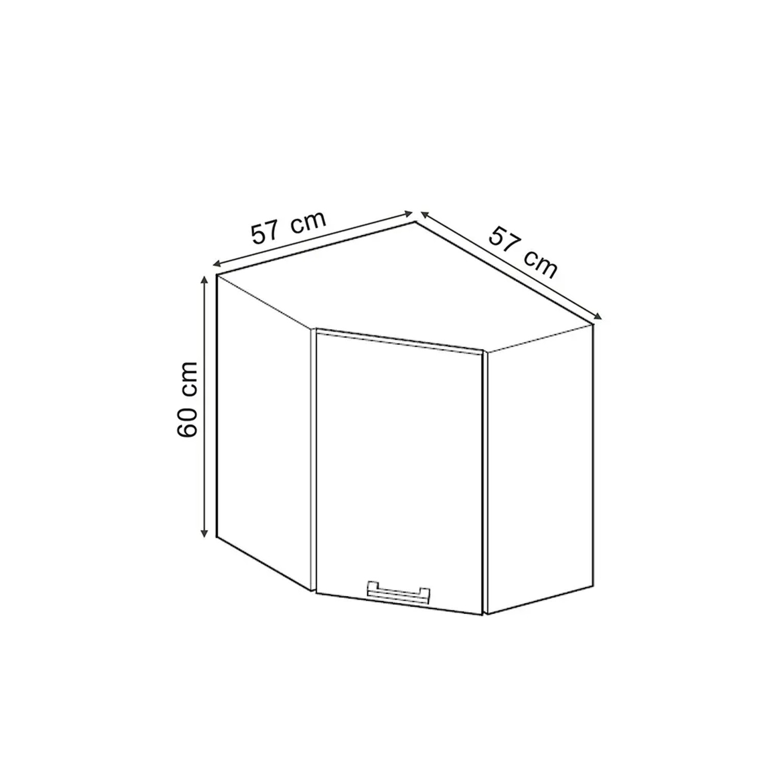 Eckhängeschrank R-Line, schwarz hochglanz/anthrazit, 57 cm, Küchenschrank mit Maßangaben.