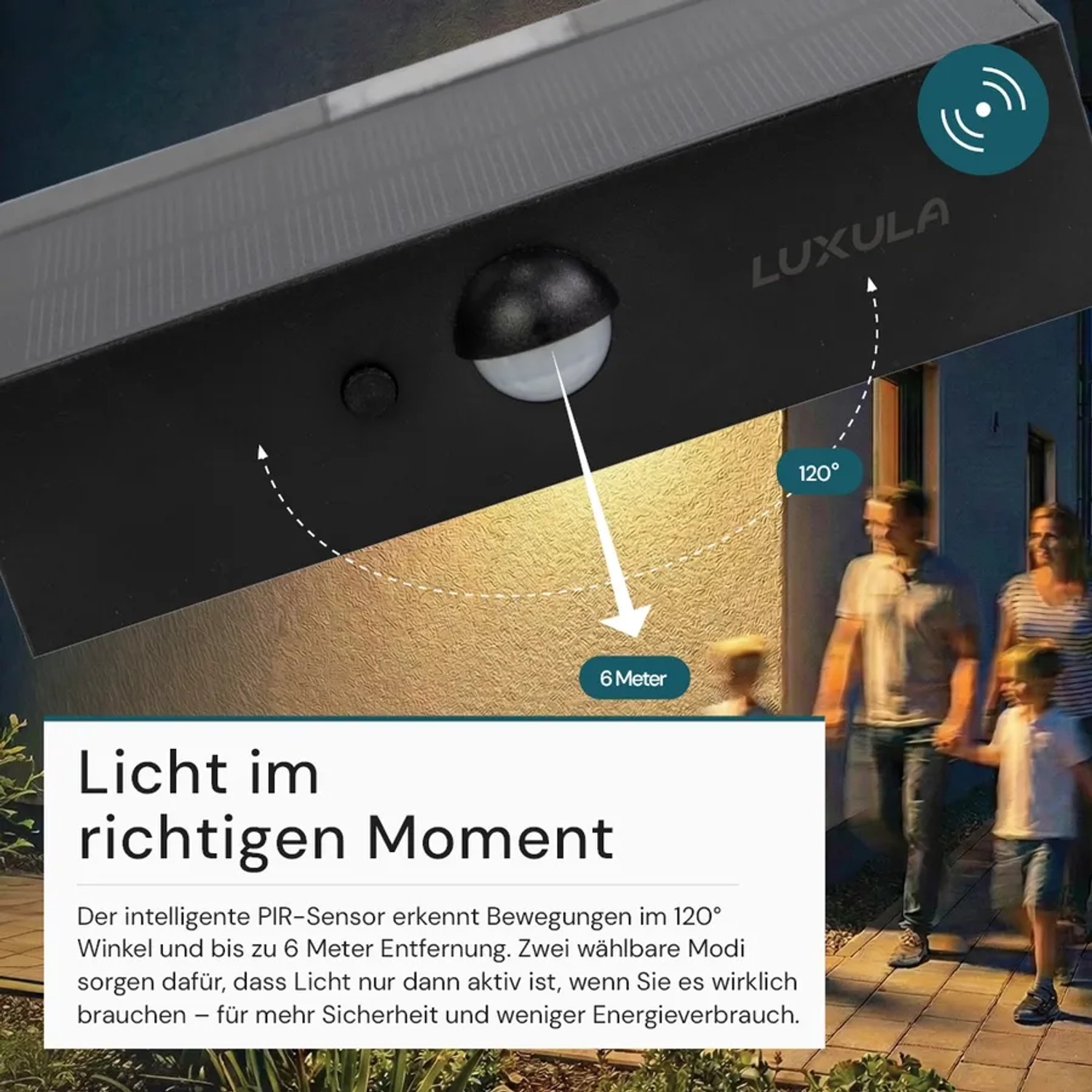 Schwarze LUXULA Solar Wandleuchte mit Bewegungsmelder und Up/Down Licht für den Außenbereich.