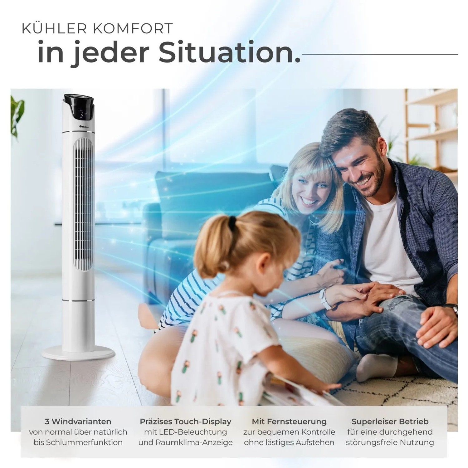 Weißer Tectake Turmventilator mit Oszillation, 3 Modi und Geschwindigkeitsstufen im Wohnraum.