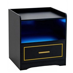 Schwarzer Costway Nachttisch mit LED-Licht, Schublade und offenem Fach.