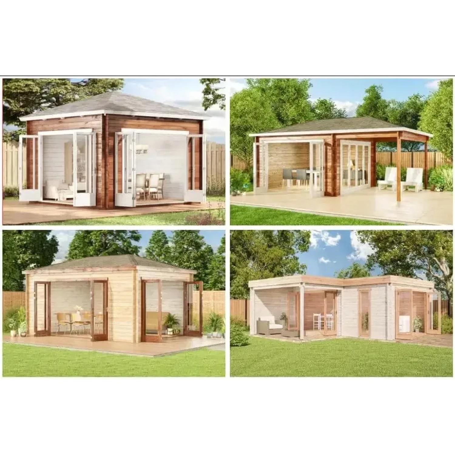 Collage verschiedener Alpholz Gartenhäuser Sunshine mit Spitzdach, unbehandelt.