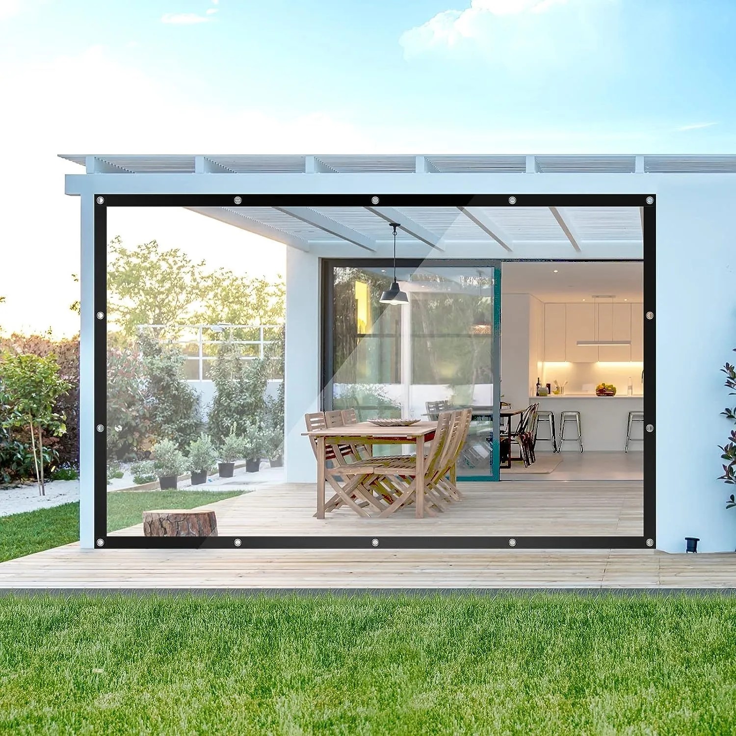 Transparente WOLTU PVC Abdeckplane 2x3 m mit Ösen und Seil zum Schutz einer Terrasse.