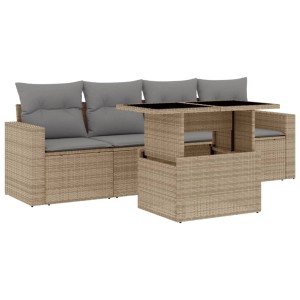 Beige 5-tlg. vidaXL Garten-Sofagarnitur aus Rattan mit hellgrauen Kissen und Tisch mit Glasplatte.