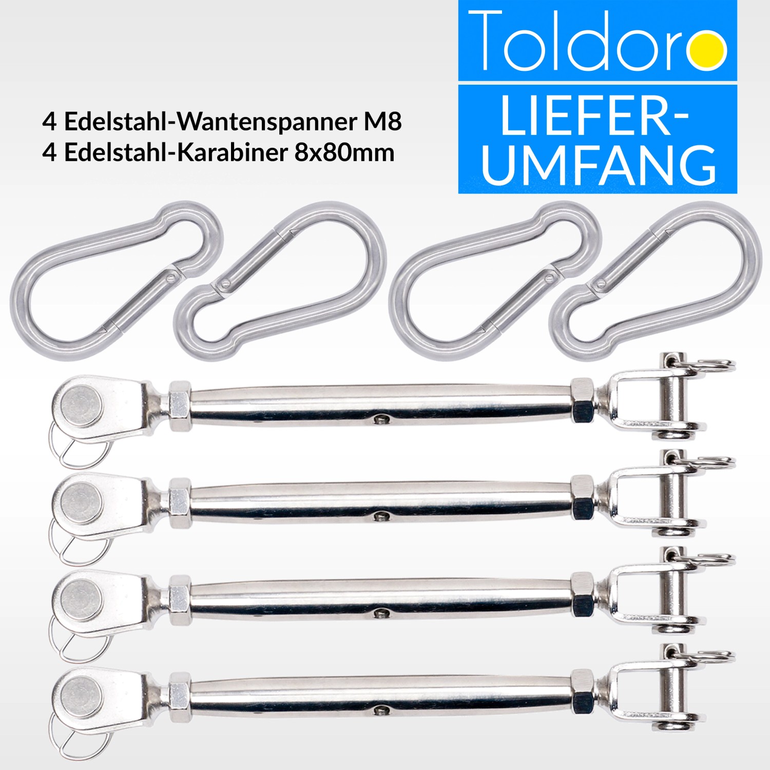 Toldoro Sonnensegelspanner Set: 4x M8 Wantenspanner, 4x Karabiner 80mm aus Edelstahl für die Sonnensegel Befestigung.