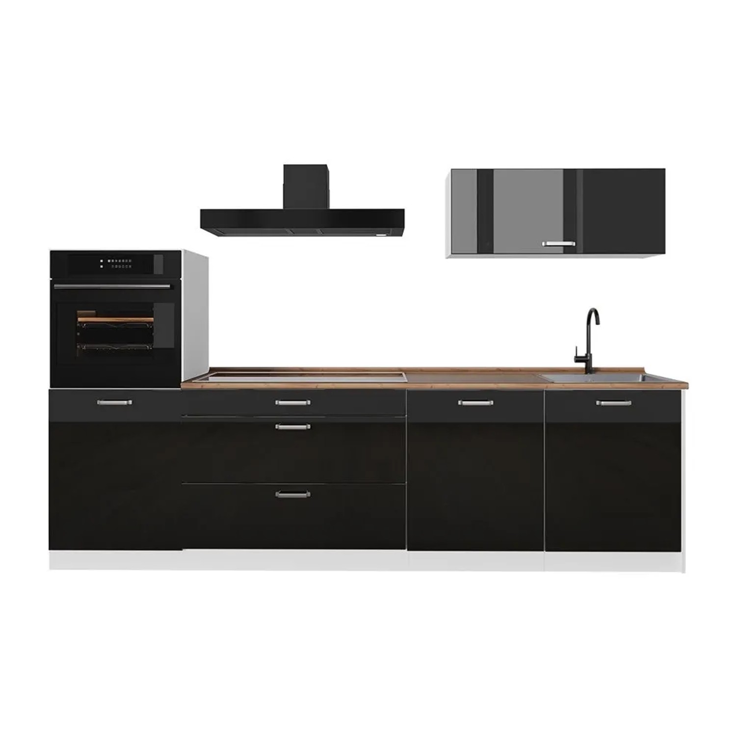 Vicco Küchenzeile R-Line Schwarz Hochglanz/Weiß 280 x 143 Arbeitsplatte Goldkraft Eiche Art Nr 66502