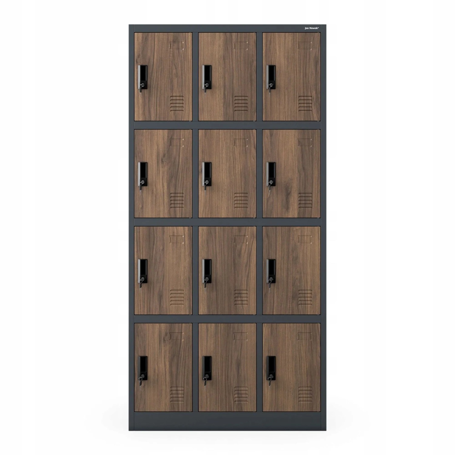 JAN NOWAK Spind Fächerschrank Schließfachschrank mit 12 Fächern MARCIN 185 x 90 x 40 cm Anthrazit Nussbaum