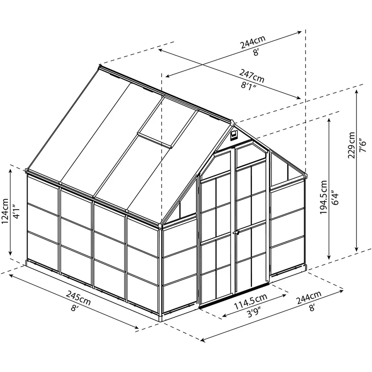 Skizze des Palram Canopia Balance 8x8 Gewächshauses in Silber mit Maßangaben.