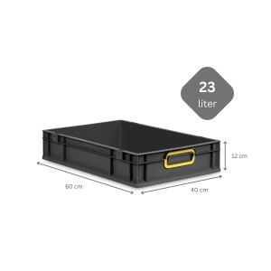 PROREGAL Eurobox Nextgen, 23 Liter, schwarz mit gelben Griffen. Aufbewahrungsbox, Transportbox.