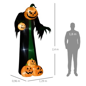 240 cm aufblasbarer Kürbisgeist mit LED-Beleuchtung, schwarzem Gewand und Kürbissen für Halloween.