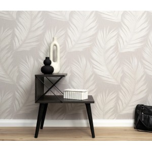 Erismann Vliestapete Aurora Trace Taupe mit Feder-Design und Glitzereffekt.