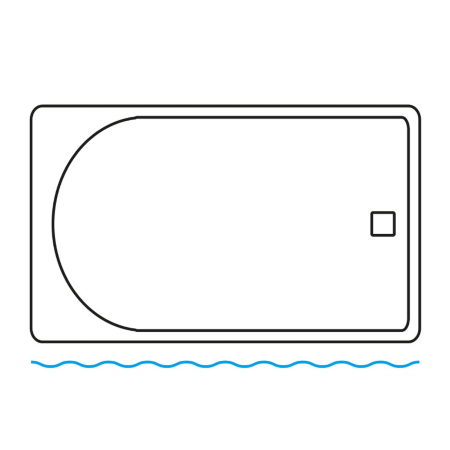 Skizze Badewanne mit Duschvorhang Symbol und blauen Wellen.