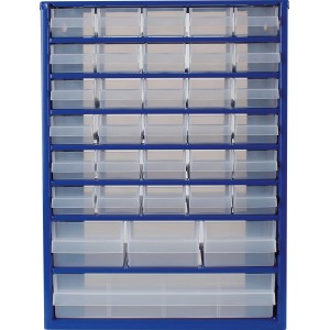Blaues LUX-TOOLS Stahlmagazin mit 34 transparenten Schubladen zur Aufbewahrung von Kleinteilen.