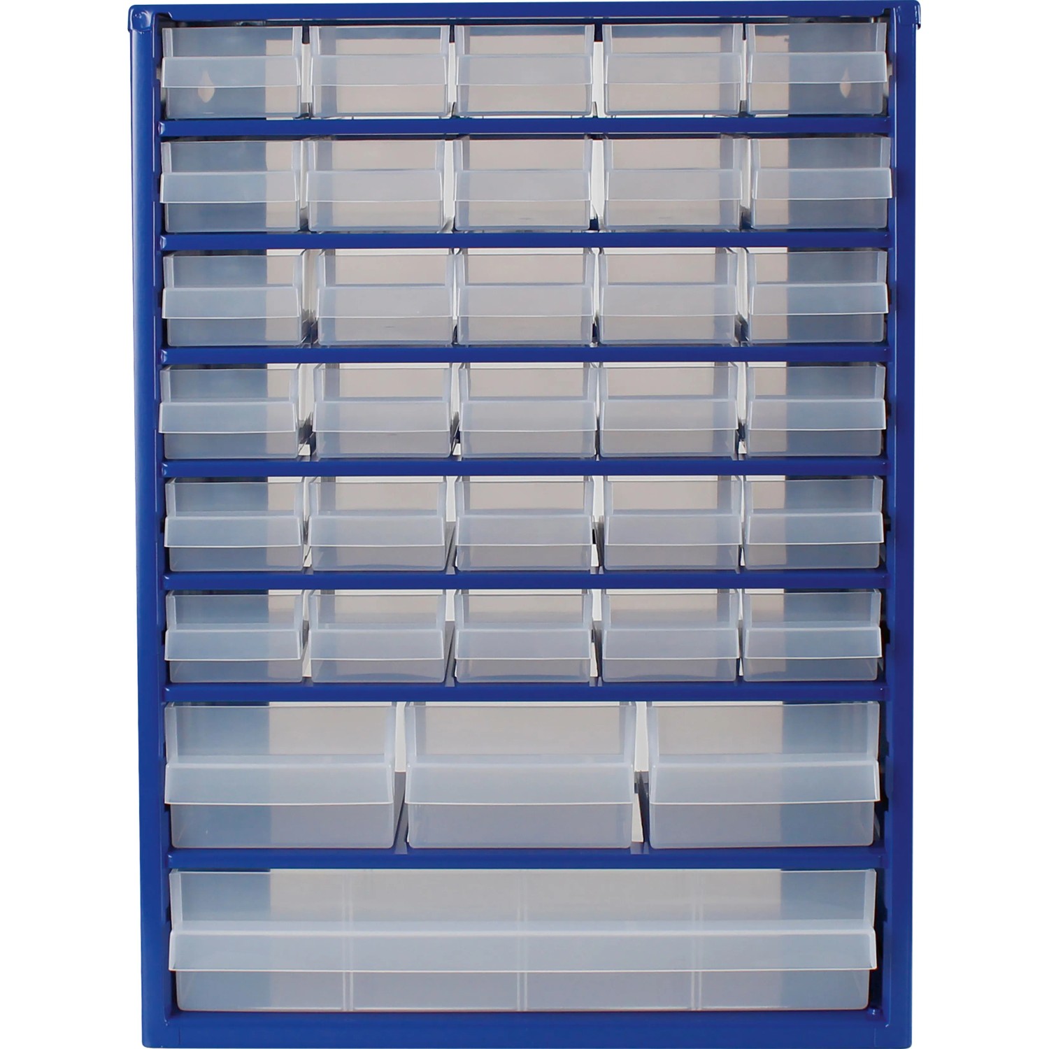 Blaues LUX-TOOLS Stahlmagazin mit 34 transparenten Schubladen zur Aufbewahrung von Kleinteilen.
