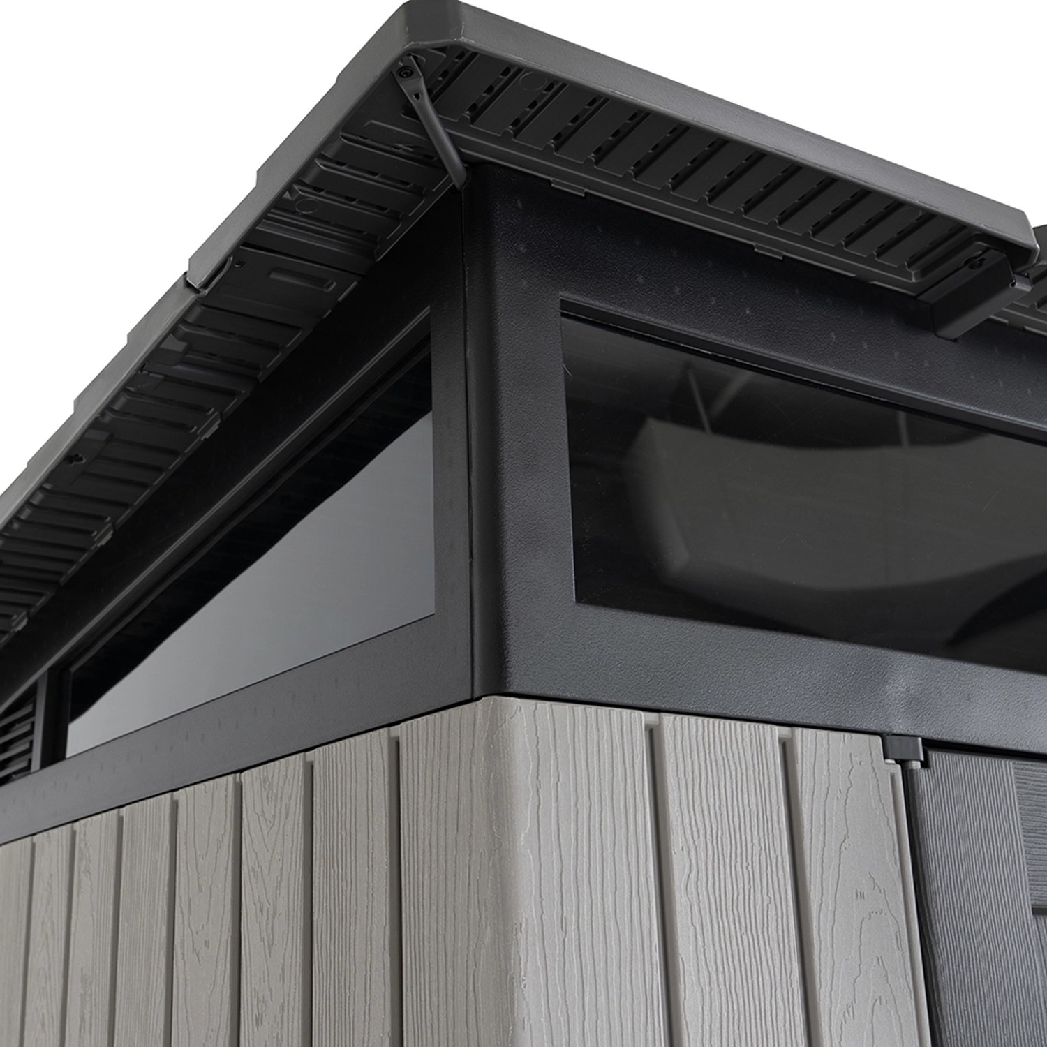 Detailaufnahme: Dunkelgraues Lifetime Kunststoff-Gartenhaus Merkur, Ecke mit Fenster und Dachkante.