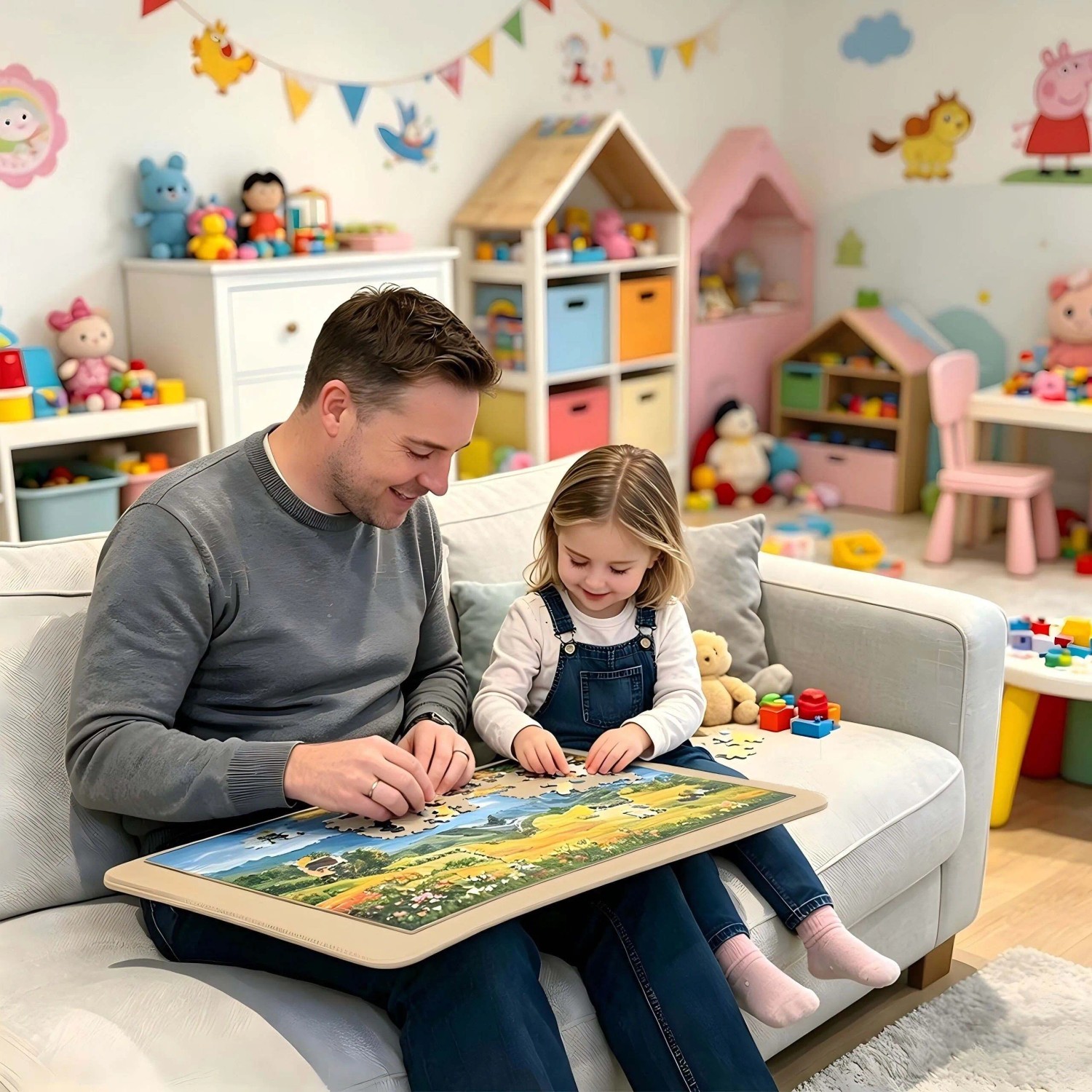 Vater und Kind puzzeln entspannt auf beigem Relaxdays Puzzlekoffer XL als Unterlage auf dem Sofa. Rutschfest.