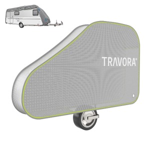Graue TRAVORA Deichselabdeckung für Wohnwagen, UV-beständige Schutzhülle mit grünem Rand. Camping Zubehör.