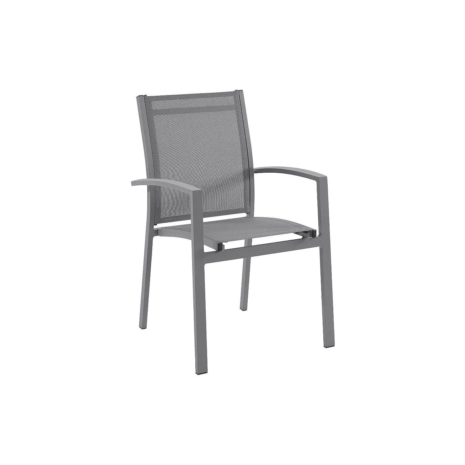 Stapelbarer Gartenstuhl Telto in Anthrazitgrau aus Aluminium mit Netzbespannung.