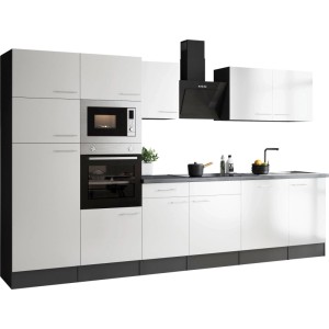Weiße Respekta Küchenzeile Oliver, 340 cm, mit E-Geräten und Arbeitsplatte in Granit Optik.