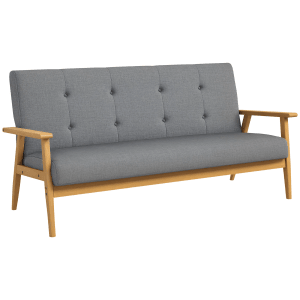 Graues 3-Sitzer Sofa mit Holzrahmen für Wohnzimmer und Schlafzimmer.