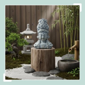 Helle Buddha Büste aus Polyresin, 44x32x21cm, wetterfest, für Garten & Wohnbereich.
