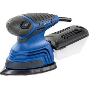 LUX Multischleifer E-MUS-21: Blaue Schleifmaschine mit Staubfangbox für Oberflächen, Kanten und Winkel.