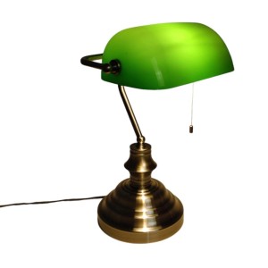 Dapo Tischleuchte Bankerslamp in Altmessing mit grünem Glasschirm und Zugschalter.