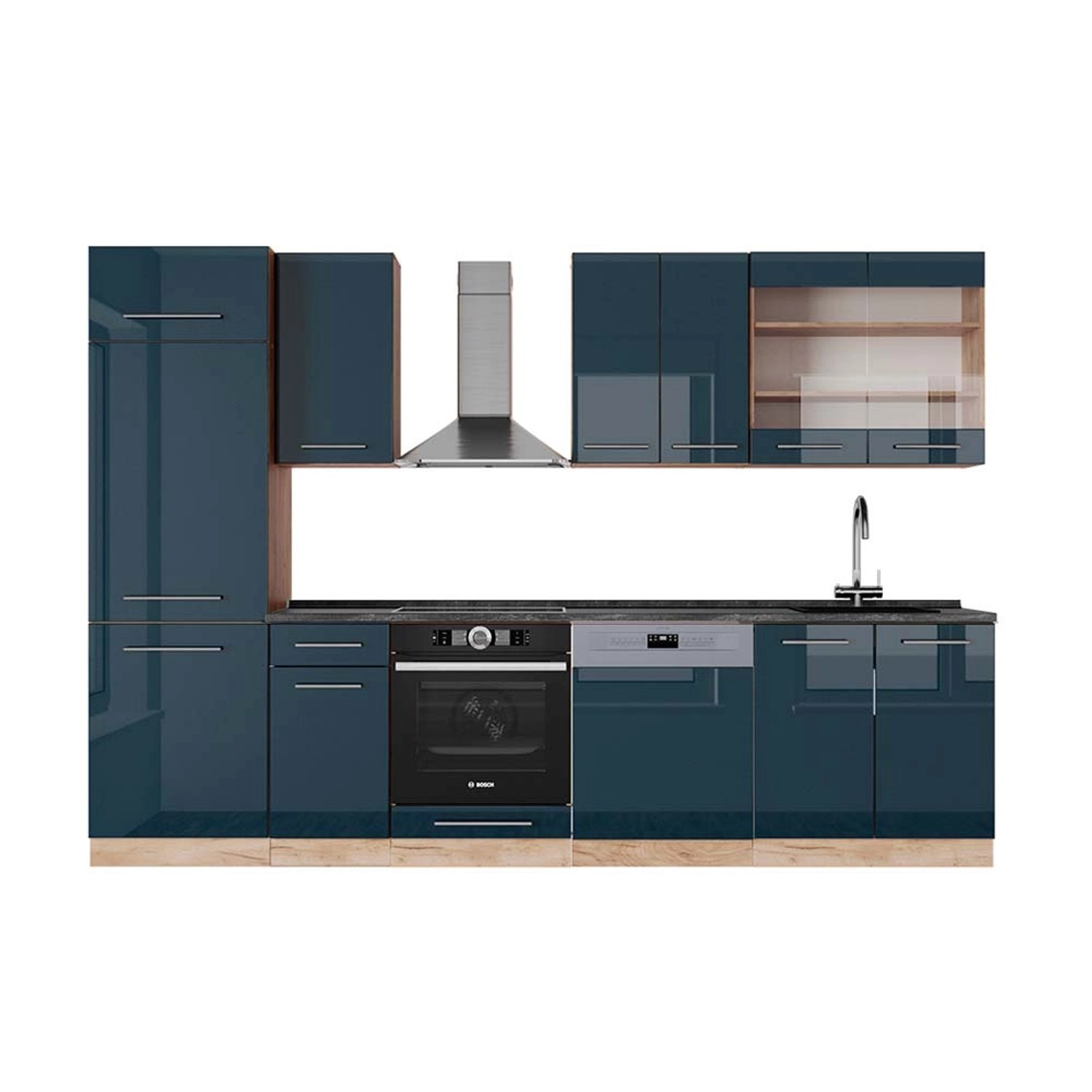 Vicco Fame-Line Küchenzeile Dunkelblau Hochglanz/Goldkraft Eiche 300 cm AP günstig online kaufen