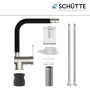 Schütte Spültischarmatur Rio, Edelstahloptik mit schwarzem, matten Auslauf und Zubehör.
