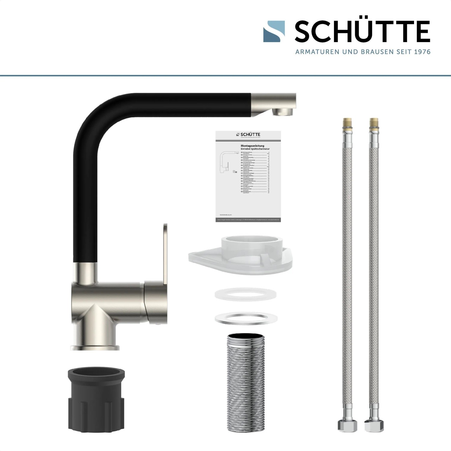 Schütte Spültischarmatur Rio, Edelstahloptik mit schwarzem, matten Auslauf und Zubehör.