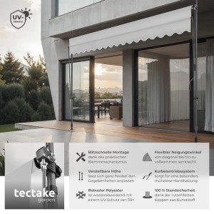 Tectake Klemmmarkise  Mit Handkurbel Uv Beständig 400 x 180 cm 180 x 400 x 304 cm Hellgrau