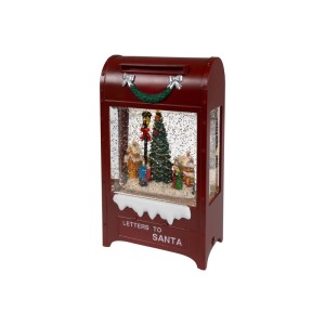Rote Lumineo LED-Schneekugel Briefkasten mit beleuchtetem Weihnachtsdorf, Tannenbaum und Glitzer. Weihnachtsdekoration.