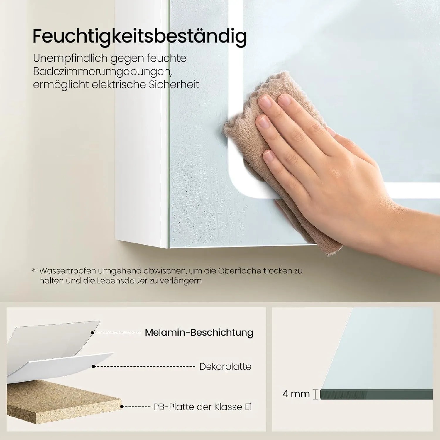 EUGAD Spiegelschrank: Hand wischt feuchtigkeitsbeständige Oberfläche. Details zu Material (Melamin, Spanplatte) und 4mm Spiegel.