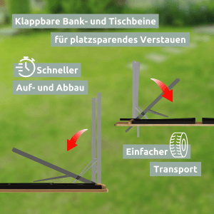 Abbildung der klappbaren Bierzeltgarnitur mit einfacher Montage und Transport.