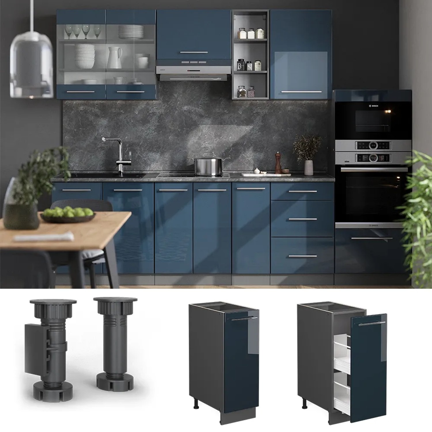 Vicco Apothekerunterschrank Fame-Line, dunkelblau hochglanz, 30 cm breit, Marmor Arbeitsplatte.