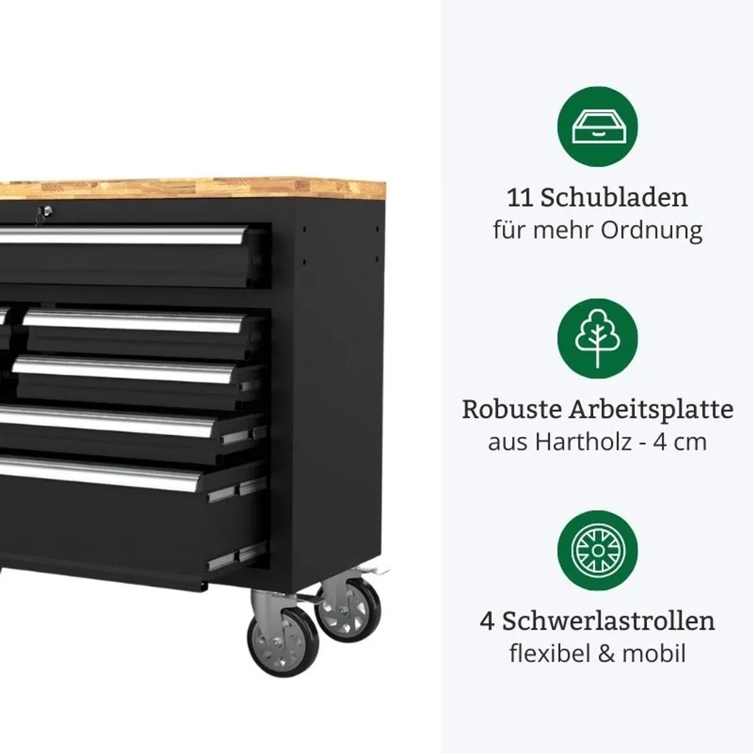 Galaflor mobiler Werkstattwagen, schwarz, mit Holz-Arbeitsplatte, 11 Schubladen und Schwerlastrollen.