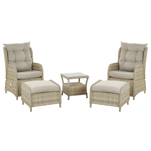 Beliani Lounge Set PONZA: 2 Rattansessel, 2 Hocker, Couchtisch mit Glasplatte in Taupe für Garten.