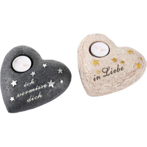 FlowerPower Gedenkstein Herz, grau, 16x17x6cm, mit Teelichthalter und Spruch, Grabdeko.