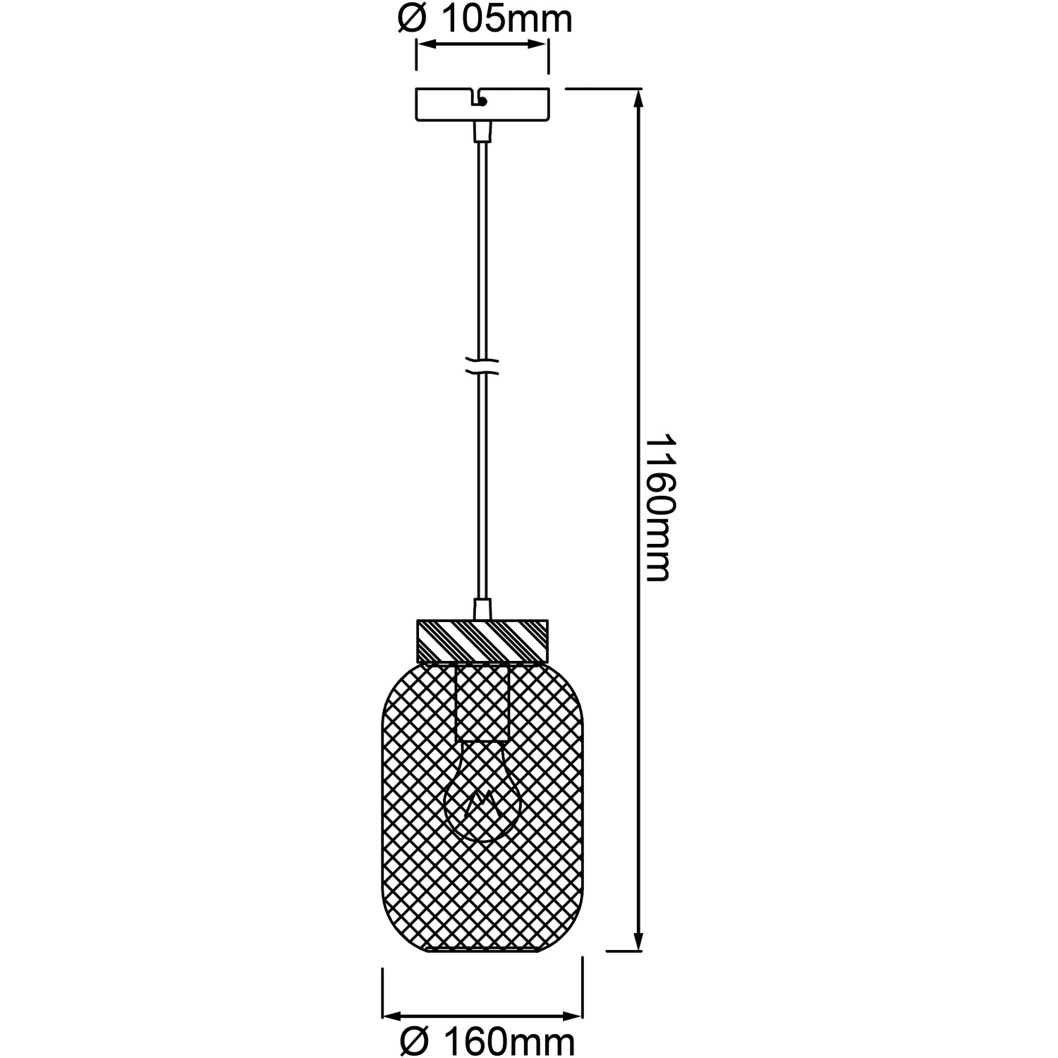 Skizze der olivgrünen Brilliant Pendelleuchte Giada, Ø 16 cm, mit Maßangaben.