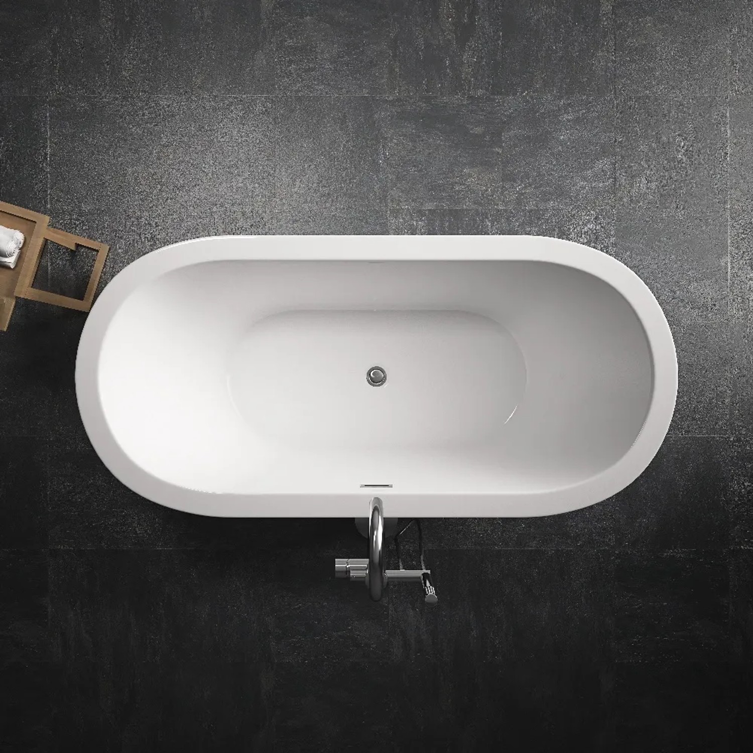 Freistehende, ovale Tronitechnik Badewanne Piperi aus Acryl, 168x80x60cm, mit Siphon und mittigem Abfluss.