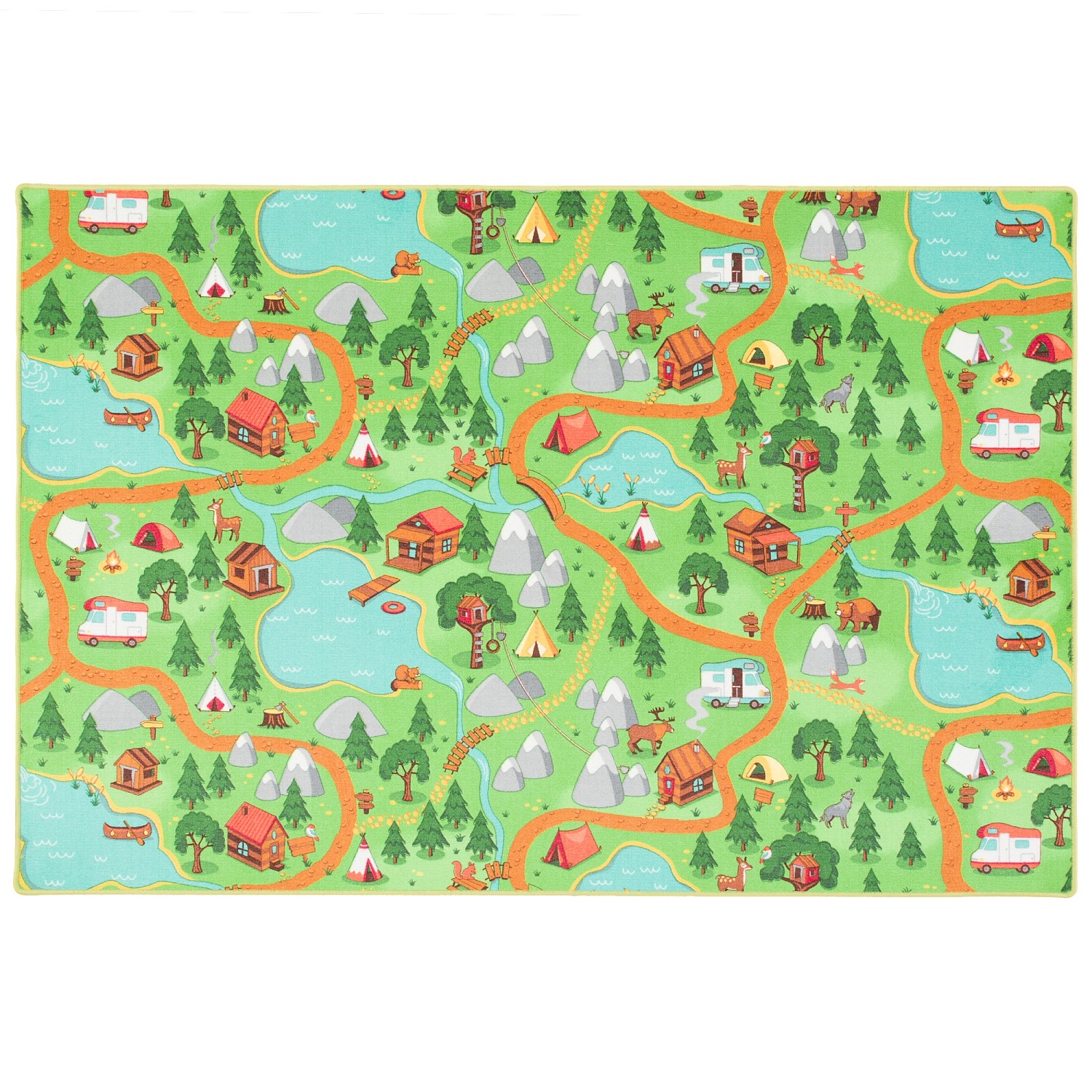 Bunter Snapstyle Kinder Spielteppich mit Campingplatz-Motiv, 80x200 cm.
