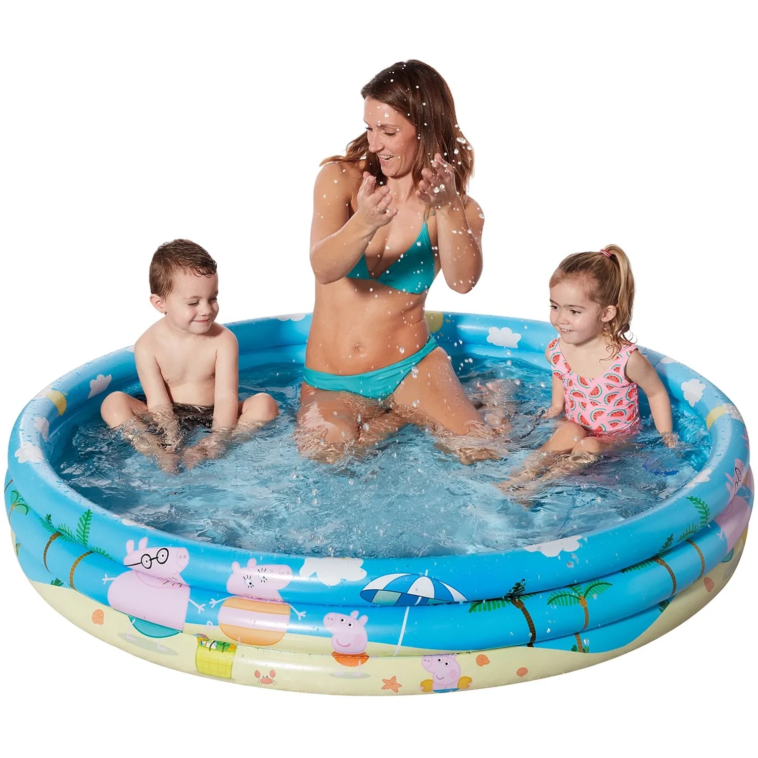 Happy People Peppa Pig Planschbecken (Ø 150 cm) mit Kindern und Erwachsenen im Wasser.