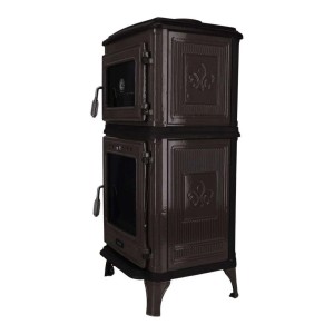 Grauer 365 Kaminofen Ferrox 55 Back mit Backfach und Verzierungen.