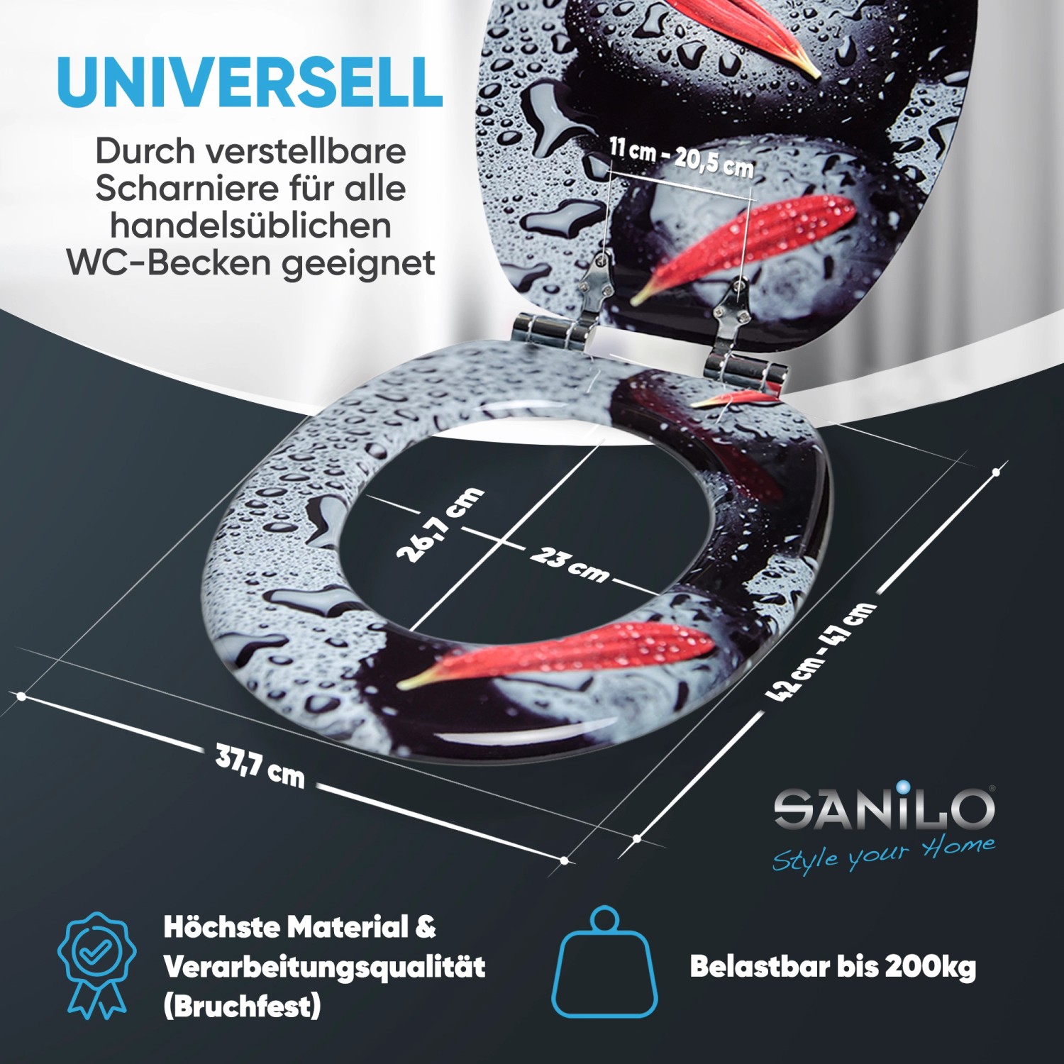 Sanilo WC-Sitz Elegance mit Absenkautomatik, Holz, Motiv Stein/Blüte, passend für Standard WC-Becken