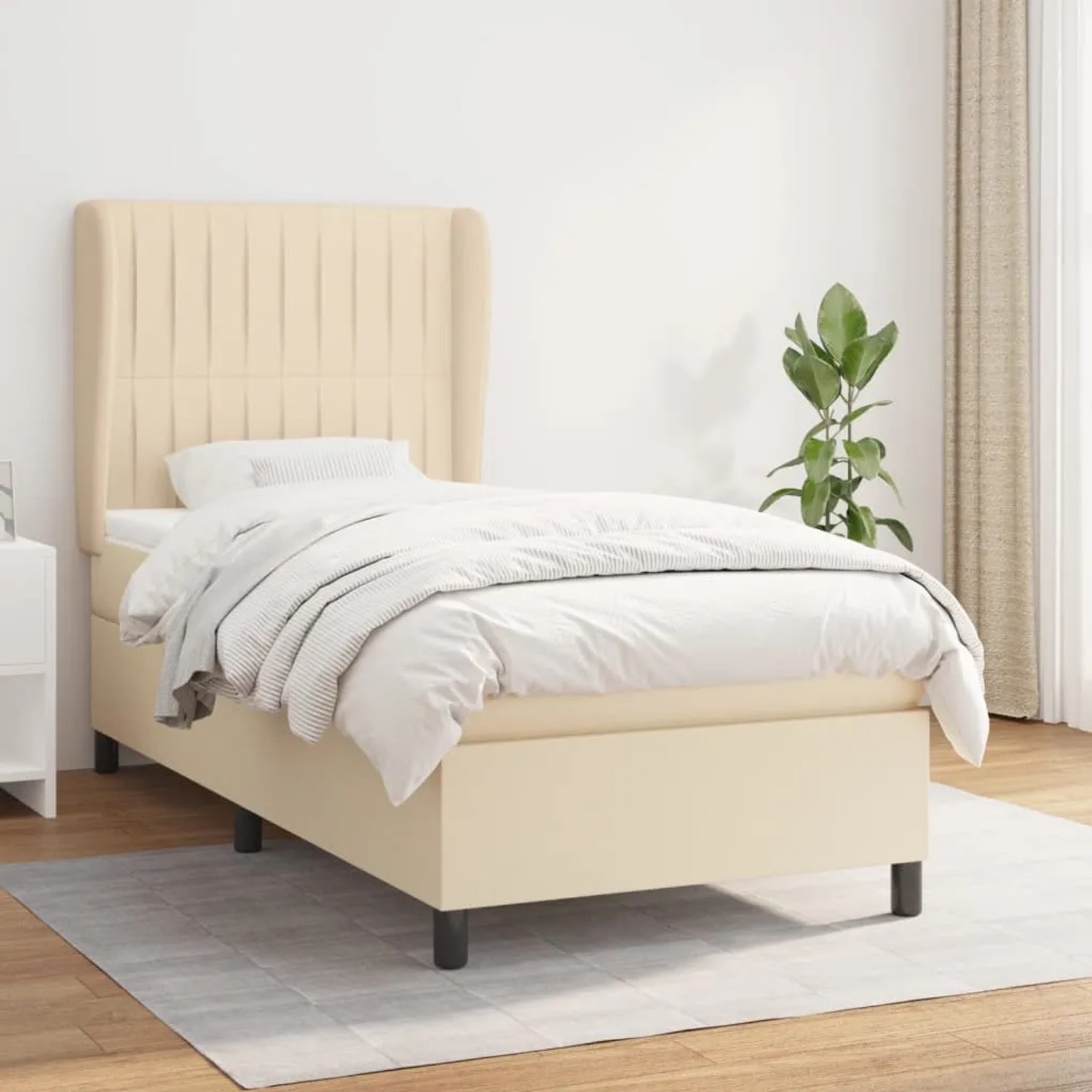 Cremefarbenes vidaXL Boxspringbett (80x200 cm) mit Matratze und hohem Kopfteil.